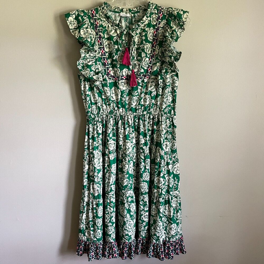 Voy Floral Midi Dress Women's L Green Floral Pink Tassel Cottagecore Boho